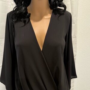 Black 3/4 Sleeve Wrap Body Blouse